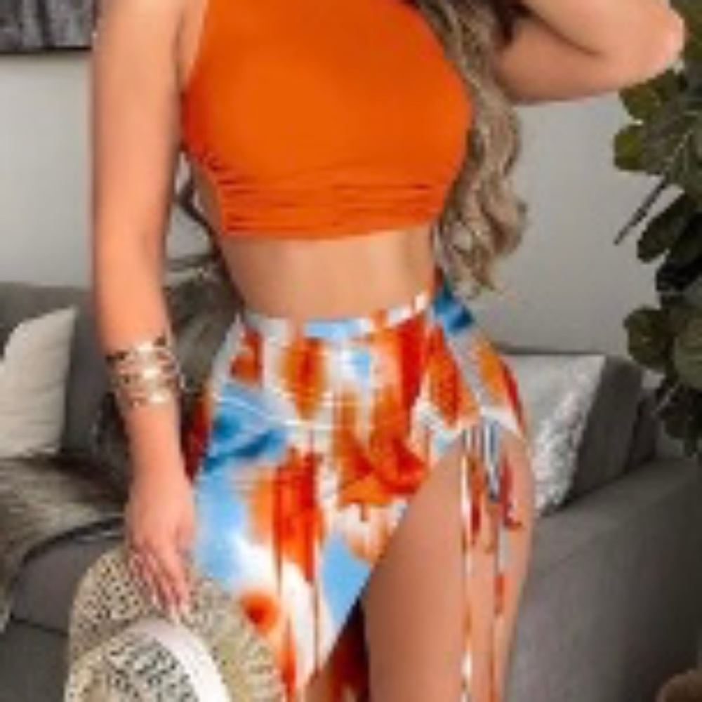 Crop Top and Tie Dye Draw String Skirt Set NEW